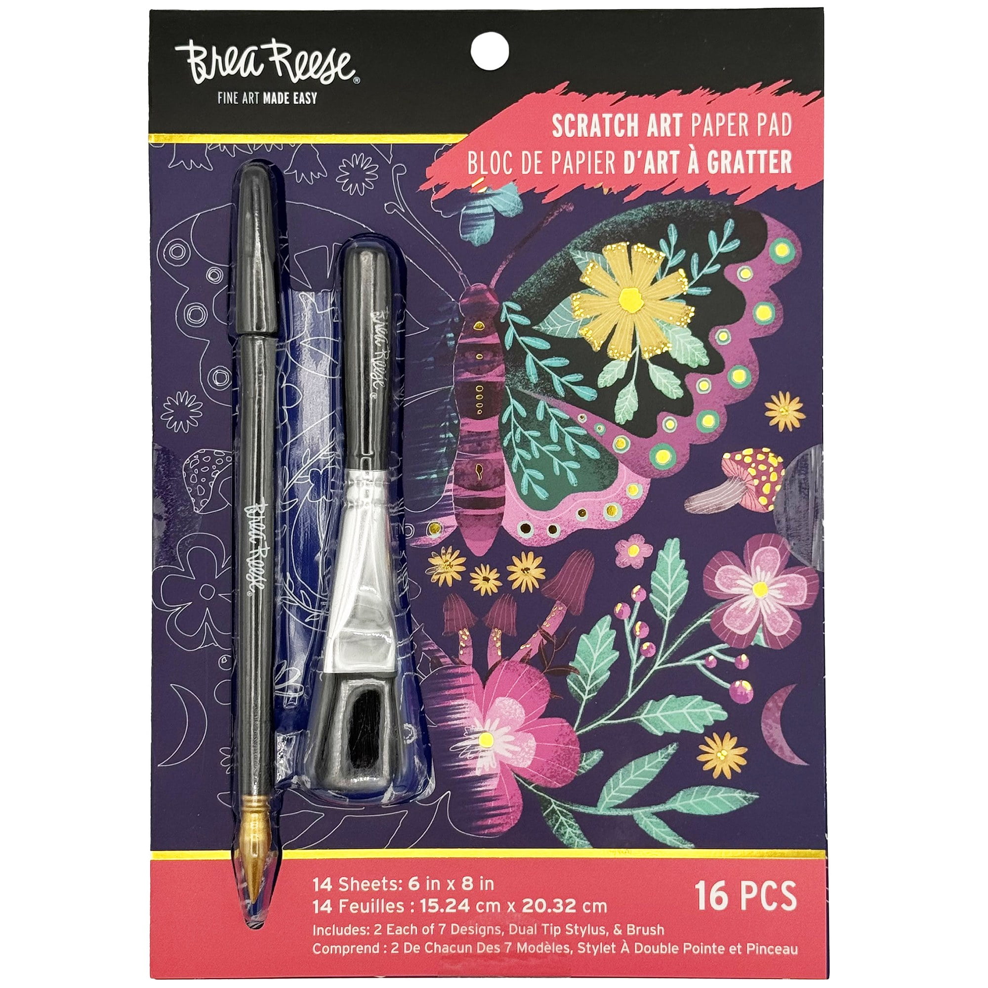 Brea Reese: Scratch Art Paper Pad - Spring Garden - 2 Each of 7 Designs, Metallic Foil, Dual-Tip Stylus & Brush, Easy-to-Frame 6x8 Pages, Adult Craft
