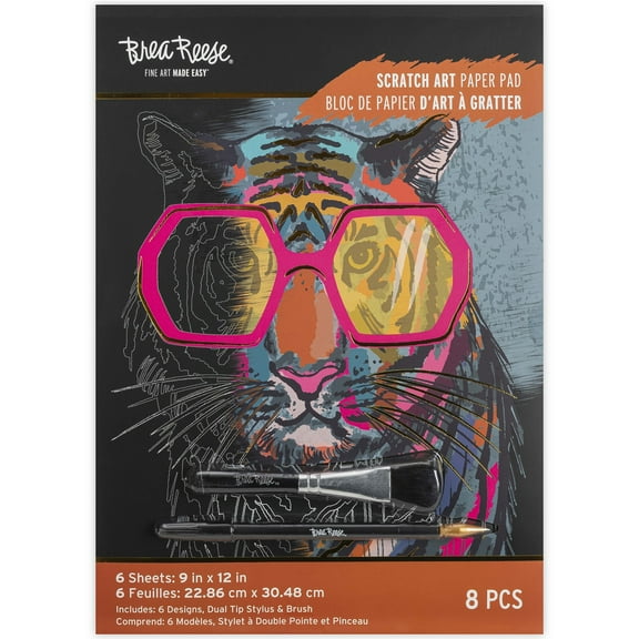 Brea Reese: Scratch Art Paper Pad - Stylish Animals - 6 Designs, Guided Art, Metallic Accents, Stylus & Brush, Perforated 9x12" Pages, DIY Adult Craft