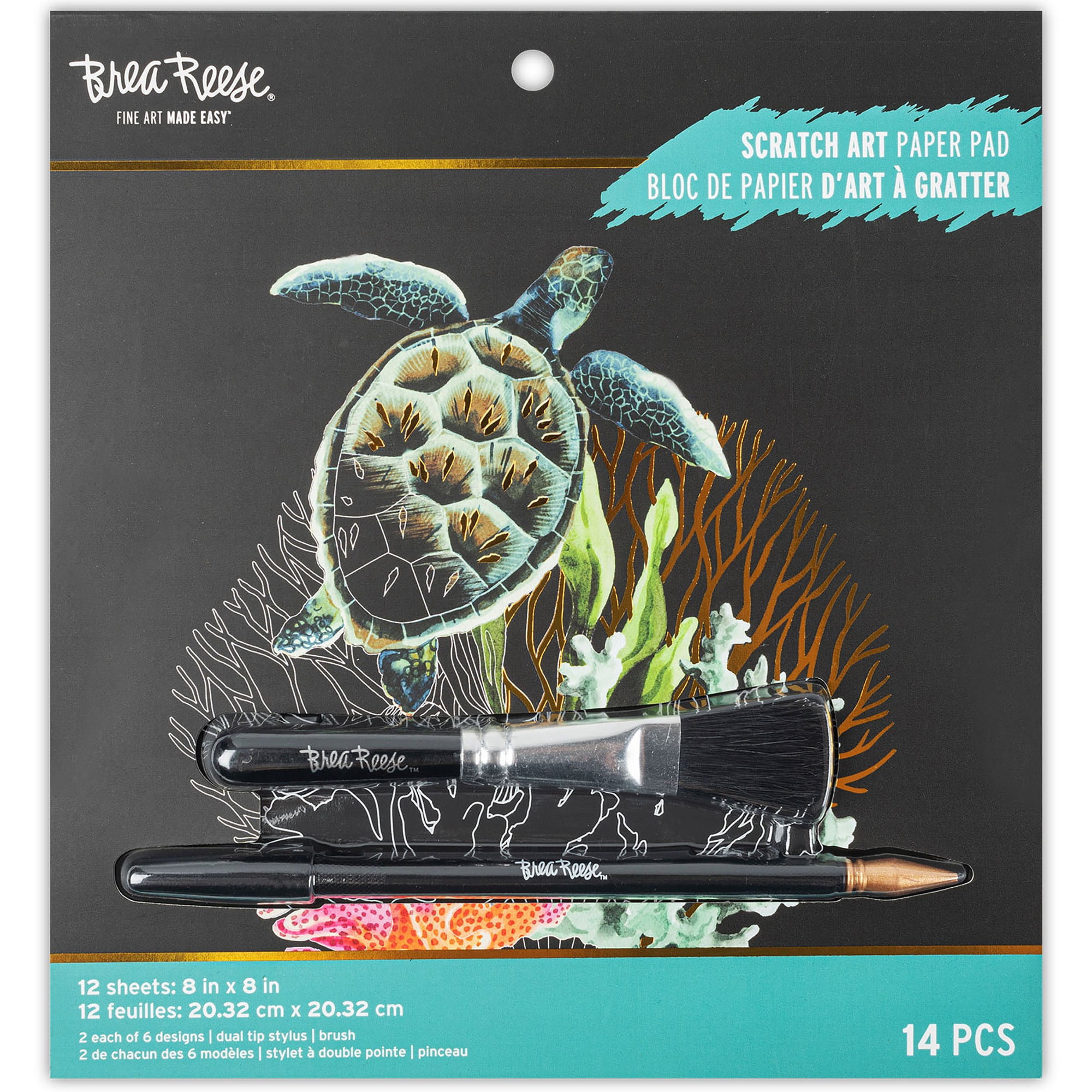 Brea Reese: Scratch Art Paper Pad - Under the Sea - 12 Sheets, 6 Guided Designs, Metallic Accents, Dual-Tip Stylus & Brush, 8x8" Pages, Adult Craft