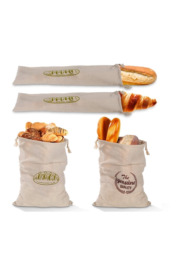 Bread Bags, 4-Packs Linen Bun Bags for Homemade Container, Unbleached&Reusable Loaf&Baguette Storage,Natural Large Storage for Artisan Roll