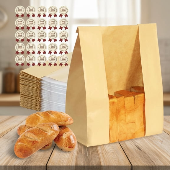 Bread Bags for Homemade Bread 100PCS Paper Sourdough Large Bakery Bags with Window for Baked Food Packaging Storage Gift Giving Includes 100PCS Label Seal Stickers