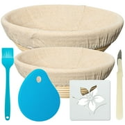 Bread Banneton Proofing Basket Set | Bread Proofing Basket Set With A 9  & 10  Round Baking Bowl Kit For Sourdough | Includes A Dough Scraper, Bread Lame, Brotform Cloth Liner & Basting Brush Blue