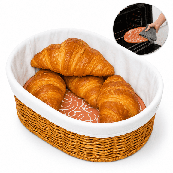 Bread Basket With Warmer - Woven Terracotta Warming Stone Keeps Warm & Fresh Serving For Rolls Pastries