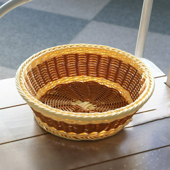 Bread Baskets Woven Plastic Wicker Fruit Baskets Round Imitation Rattan Basket Stackable Food Serving Holder For Kitchen Restaurant Outdoor Storage Tray