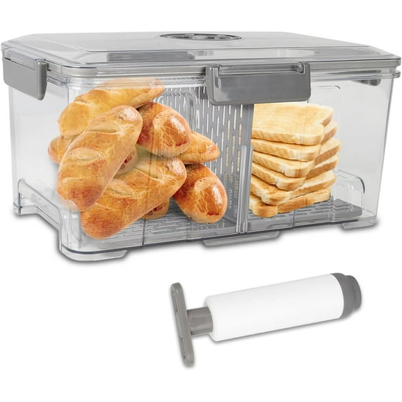 Bread Bin Airtight Bread Storage Container with Pump,Time Recording Bread Box with Lid Plastic Bread Bins for Kitchen Freezer Bread Holder for Homemade Bread, Toast, Bagel, Donut and Cookies
