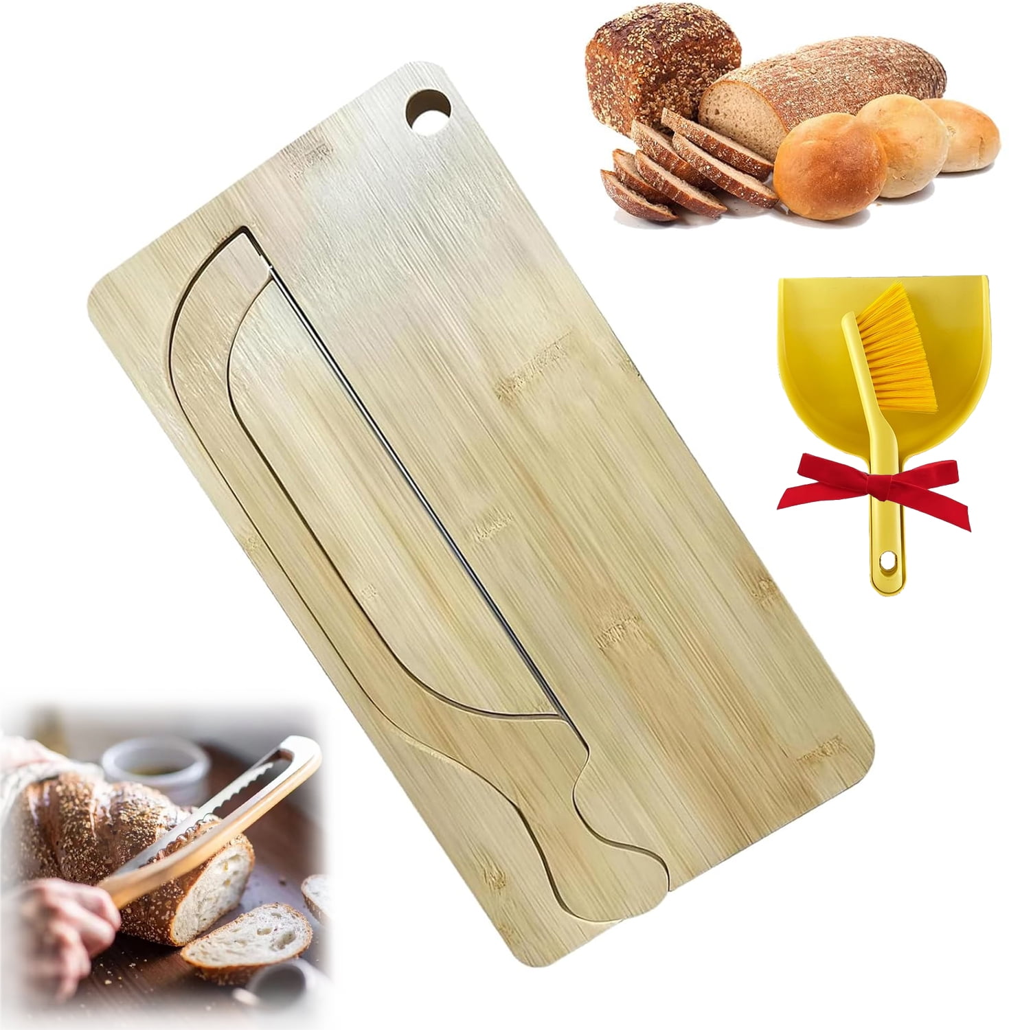 Bread Bow Knife and Board Set, Sourdough Knife and Cutting Board, Bread Bow Knifes 8 Inch with Matching Crumb Tray, Comes with Brush Set, For Home Bagels French Baguettess (Wood)