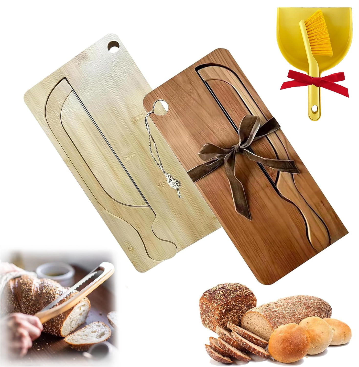 Bread Bow Knife and Board Set, Sourdough Knife and Cutting Board, Bread Bow Knifes 8 Inch with Matching Crumb Tray, Comes with Brush Set, Perfect for Bagels & Baguettes (Mix, 2Pcs)