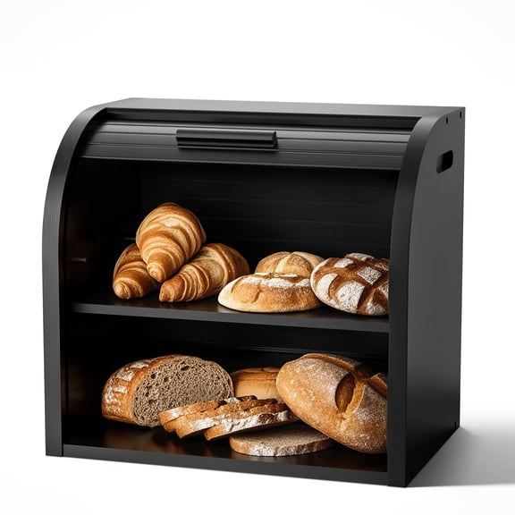 Bread Box, 2 Layer Bamboo Bread Boxes for Kitchen Food Storage, Large Capacity Bread Keeper Roll Top with Removable Layer, 15" x 9.8" x 14.2", 15 mm Thickness (Self-assembly)