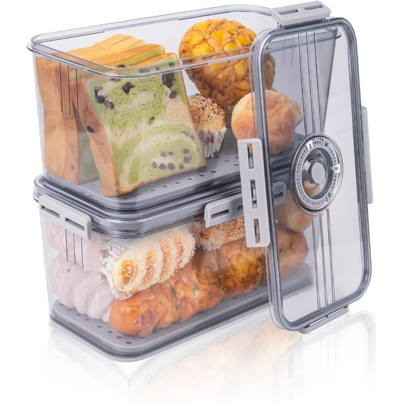 Bread Box 2 Pack Bread Storage Container Airtight Recording Time Bread Box for Kitchen Countertop Plastic Bread Keeper with Lid for Homemade Bread, Toast, Loaf, Cookies