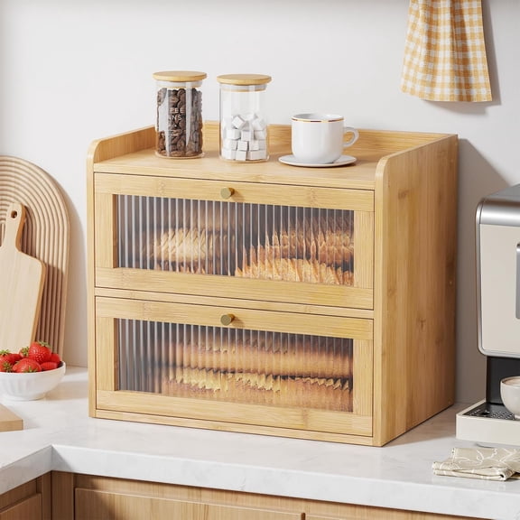 Bread Box - 2-Tier Bamboo Bread Box for Kitchen Countertop, Bread Storage Container with Magnetic Acrylic Door, Pantry Organizers and Storage for Loaves, 15" x 9.8" x 13.2", Natural