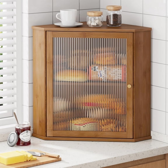 Bread Box - 2-Tier Corner Bread Box for Kitchen Countertop with   Door,  Kitchen Counter Organizer for Snacks, Loaves, Homemade Bread Storage, Brown, 16.5" H