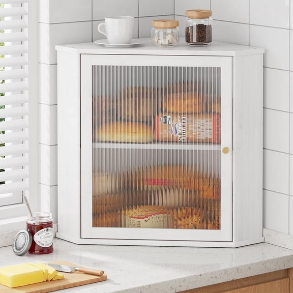 Bread Box - 2-Tier Corner Bread Box for Kitchen Countertop with Door, Kitchen Counter Organizer for Snacks, Loaves, Homemade Bread Storage, White, 16.5" H