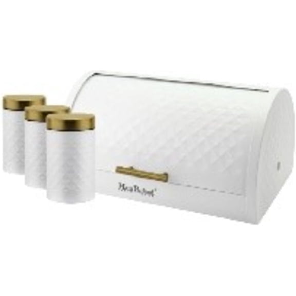 Bread Box and 3 Jars Set White, Metal Bread Storage Bin with Airtight Tea Coffee Sugar Canisters, Modern Kitchen Countertop Organizer Set, Large Capacity Bread Keeper