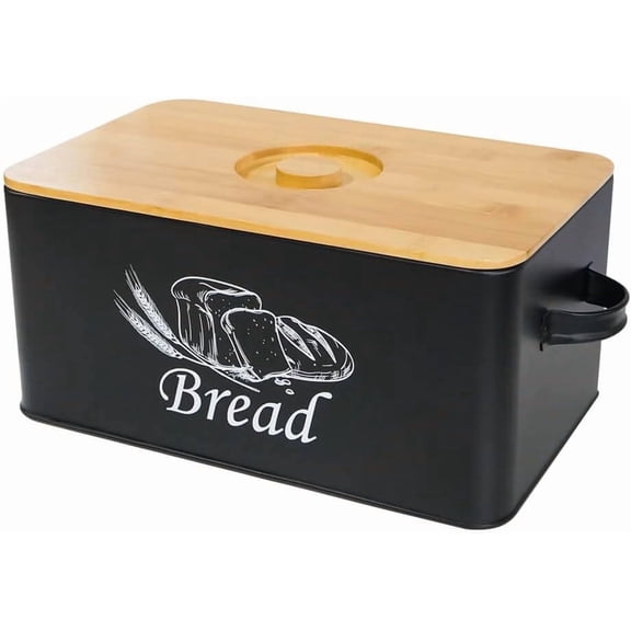 Bread Box with 3pcs Jars Coffee Sugar Tea for Kitchen Countertop White Metal Bread Box with Bamboo Board Cover Pastry Storage Container Set Kitchen decor (Black box)