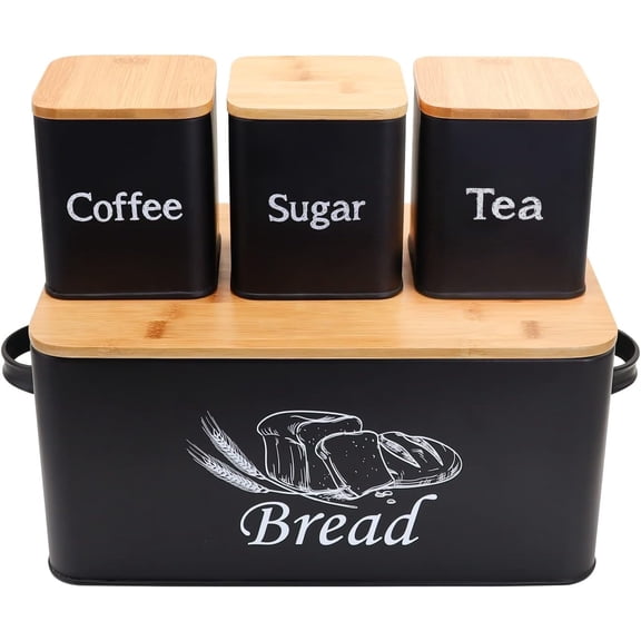 Bread Box with 3pcs Jars Coffee Sugar Tea for Kitchen Countertop White Metal Bread Box with Bamboo Board Cover Pastry Storage Container Set Kitchen decor (Bread box-1)