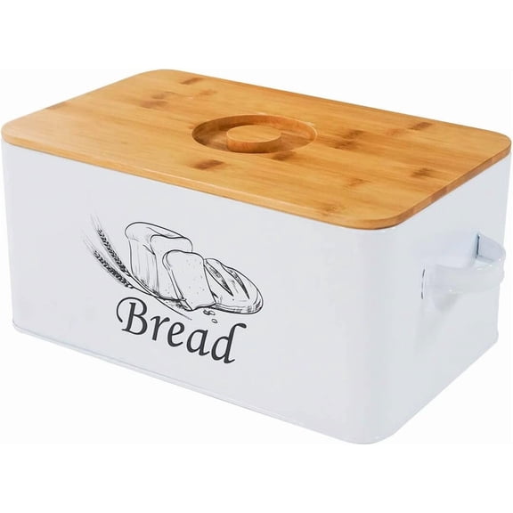 Bread Box with 3pcs Jars Coffee Sugar Tea for Kitchen Countertop White Metal Bread Box with Bamboo Board Cover Pastry Storage Container Set Kitchen decor (White Box)