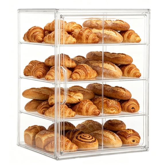 Bread Box, 4-Tier Clear Pastry Holder with Metal-Adhering Door, Spacious Adjustable Bakery Container for Kitchen Counter, Display Case for Baked Goods, 10.68.714.2 In