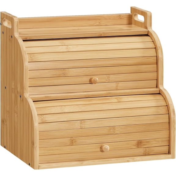 Bread Box, Bamboo Bread Box for Kitchen Countertop, 2-Tier Roll-Top Bread Bin, Food Storage Box, Bamboo Storage Cabinet with Handles, for Kitchen, Dining Room, Natural YL15MB01