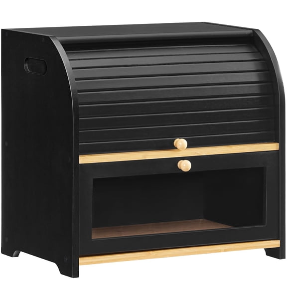 Bread Box, Bamboo Bread Box for Kitchen Countertop, 2 Tier Roll-Top Bread Bin, Food Storage Box, Large Capacity Keeper, Wooden Storage Cabinet, for Kitchen, Dining Room,