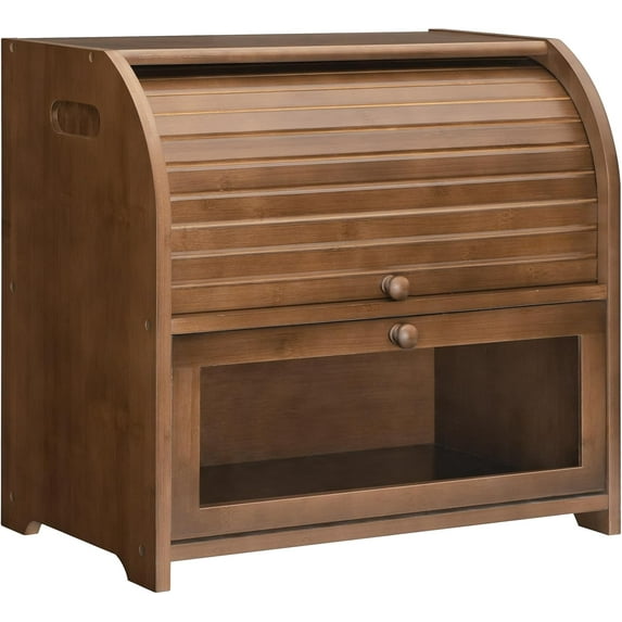 Bread Box, Bamboo Bread Box for Kitchen Countertop, 2 Tier Roll-Top Bread Bin, Food Storage Box, Large Capacity Keeper, Wooden Storage Cabinet, for Kitchen, Dining Room, Brown BR13MB01
