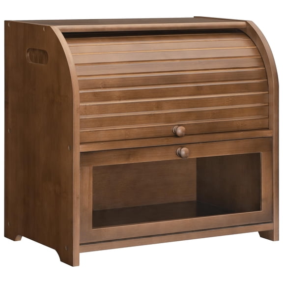 Bread Box, Bamboo Bread Box for Kitchen Countertop, 2 Tier Roll-Top Bread Bin, Food Storage Box, Large Capacity Keeper, Wooden Storage Cabinet, for Kitchen, Dining Room, Natural