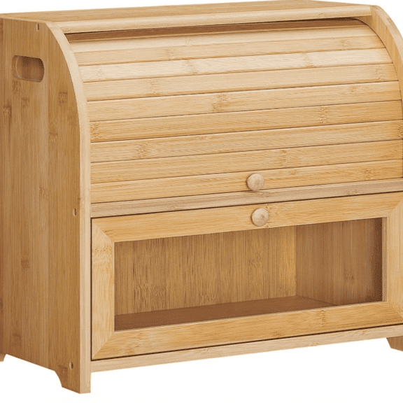 Bread Box, Bamboo Bread Box for Kitchen Countertop, 2 Tier Roll-Top Bread Bin, Food Storage Box, Large Capacity Keeper, Wooden Storage Cabinet, for Kitchen, Dining Room, Natural