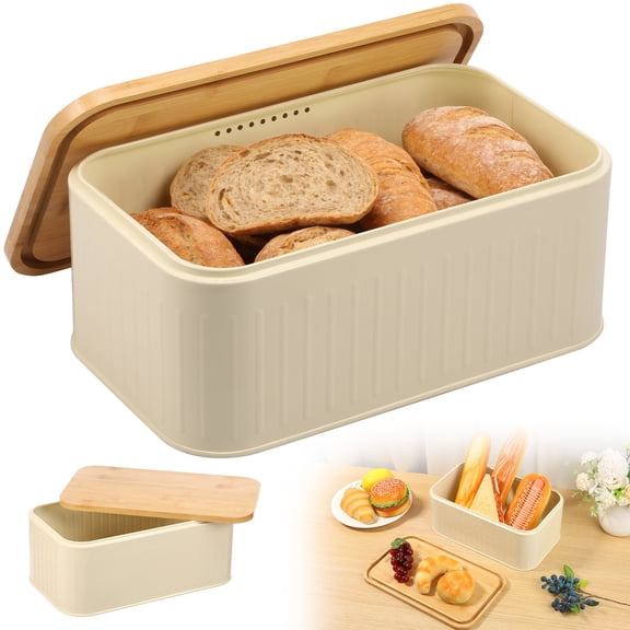 Bread Box with Bamboo Lid, Metal Bread Storage Container with Ventilation Holes, Elegant Kitchen Countertop Organizer for Bread, Pastries, Space Saving