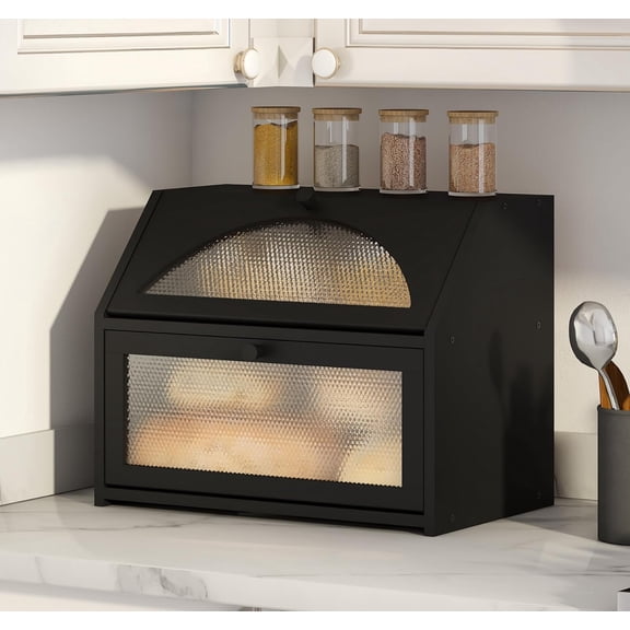 Bread Box, Bamboo Wood Bread Box for Kitchen Counter, Double-layer Bread Storage Bin, Acrylic glass with Diamond Patterns (Black, Large)
