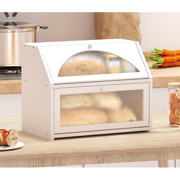 Bread Box, Bamboo Wood Bread Box for Kitchen Counter, Double-layer Bread Storage Bin, Acrylic glass with Diamond Patterns (White, Large)