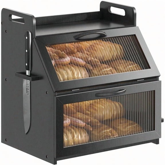 Bread Box Bread Box for Kitchen Countertop Large Bread Storage Container for Homemade Bread Wooden Farmhouse Breadbox Organizers Double Layer Bread Bin with Acrylic Window Bread Holder Black