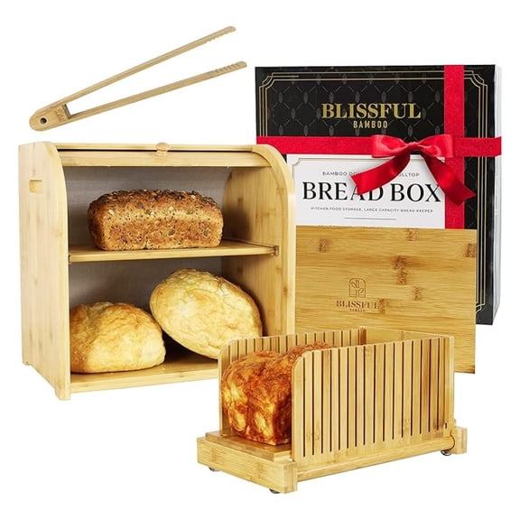 Bread Box & Bread Slicer, Bread Box for Kitchen Countertop. Roll Top, Bread Tong, 2 Layer Bread Box, Double Breadbox Bread Storage, Extra Large Bread Container