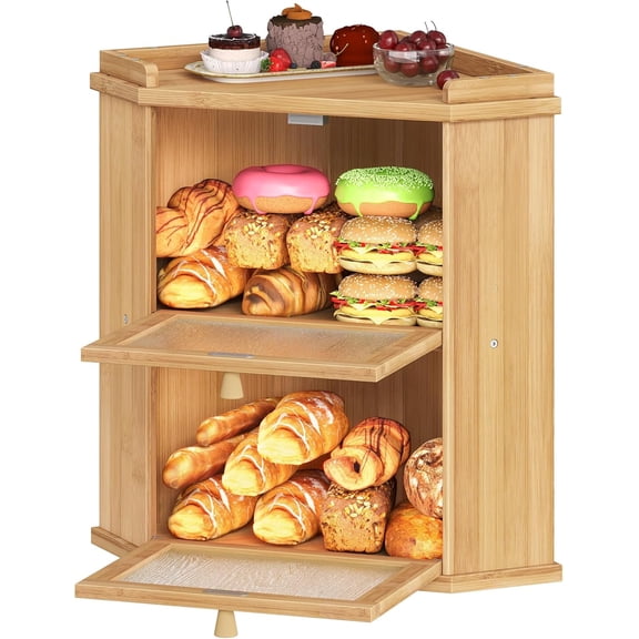 Bread Box, Corner Bread Box for Kitchen Countertop, 2-Tier Bamboo Bread Box, Food Storage Box, Bread Storage Container with Shelf, Bread Bin for Kitchen, Dining Room, Natural YL19MB01