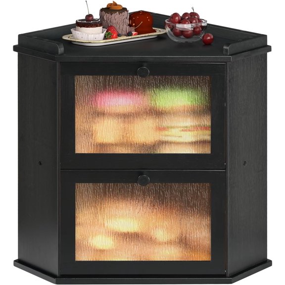 Bread Box, Corner Bread Box for Kitchen Countertop, 2-Tier Bread Box, Storage Box, Bread Storage Container with Shelf, Bread Bin for Kitchen, Dining Room, Black BK19MB01