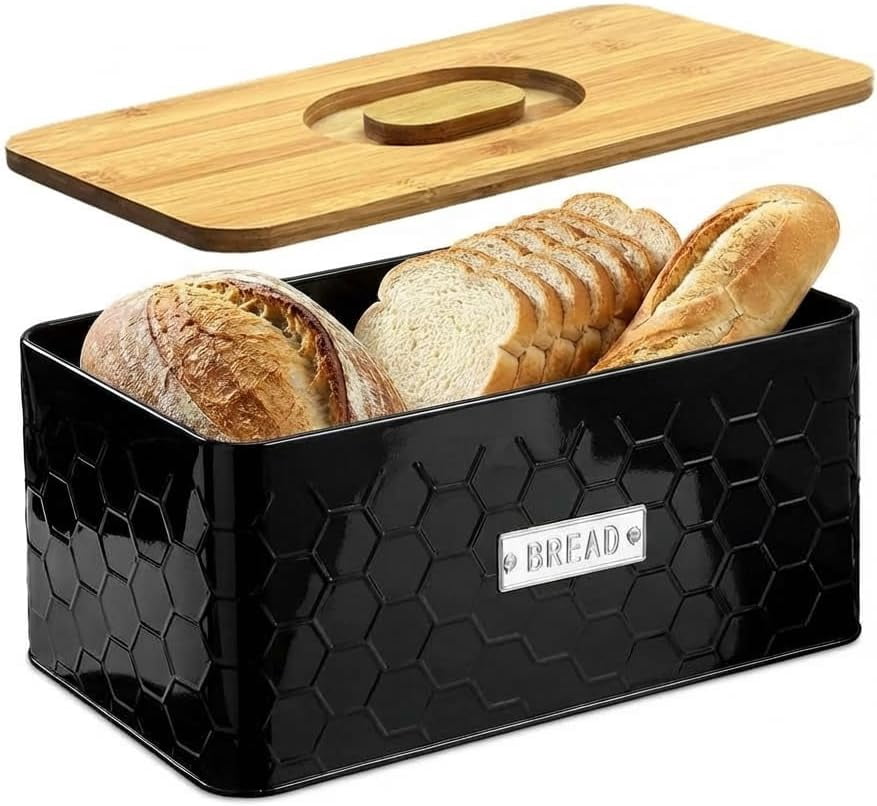 Bread Box for Countertop – Large Black Metal Bread Bin with Bamboo Cutting Board Lid, Farmhouse Bread Storage Container for Homemade Bread, Baked Goods & Kitchen Counter Organization