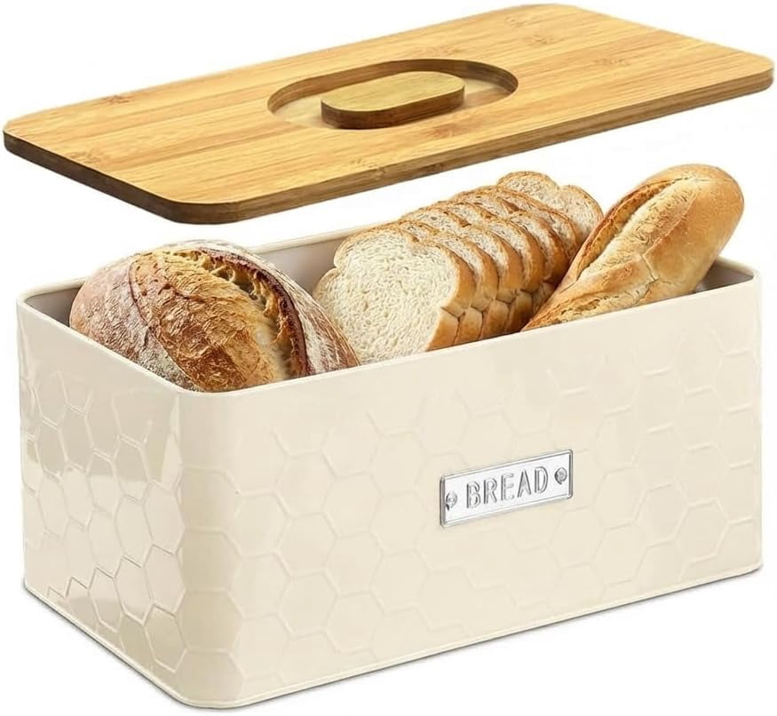 Bread Box for Countertop – Large Cream White Metal Bread Bin with Bamboo Cutting Board Lid, Farmhouse Bread Storage Container for Homemade Bread, Baked Goods & Kitchen Counter Organization