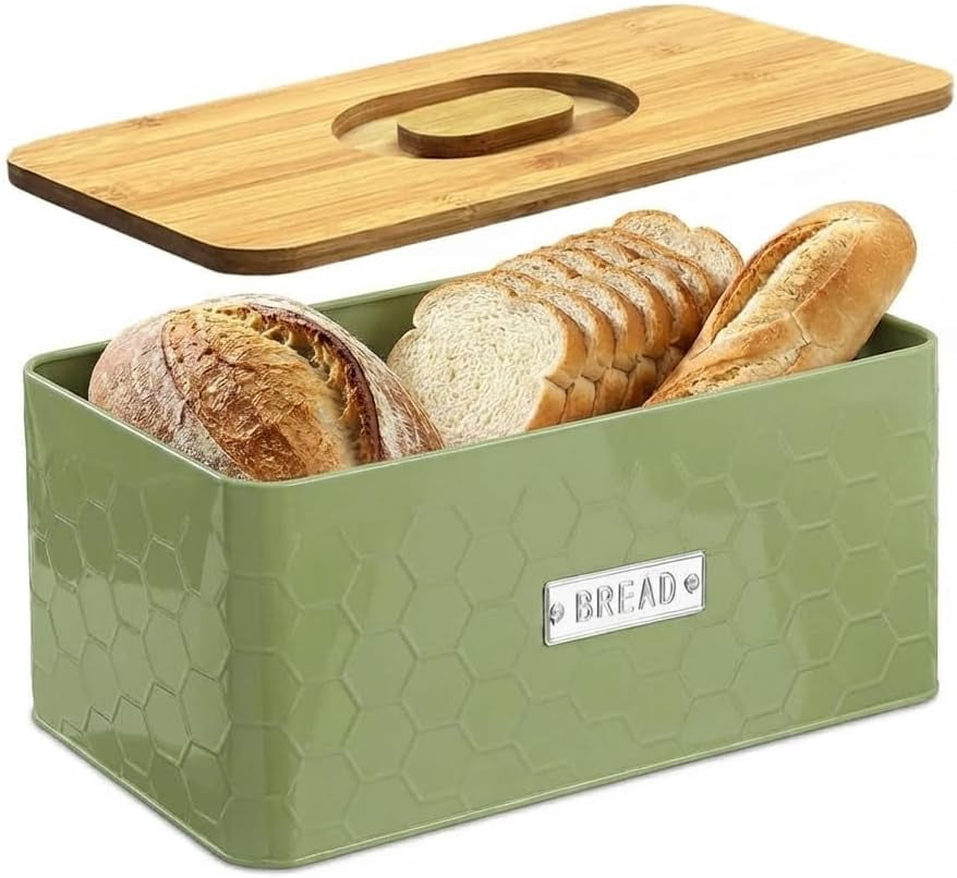 Bread Box for Countertop – Large Green Metal Bread Bin with Bamboo Cutting Board Lid, Farmhouse Bread Storage Container for Homemade Bread, Baked Goods & Kitchen Counter Organization