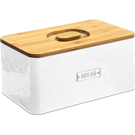 Bread Box for Countertop  Large White Metal Bread Bin with Bamboo Cutting Board Lid, Farmhouse Bread Storage Container for Homemade Bread, Baked Goods & Kitchen Counter Organization