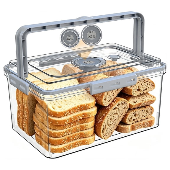 Large Plastic Bread Box with Digital Hygrometer, Airtight Lid and Handle, Time‑Recording Bread Storage Container for Homemade Baked Goods