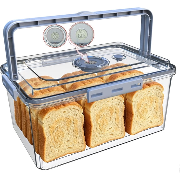 Bread Box With Digital Hygrometer, Portable Boxes with Lid and Handle,New Upgrade Time Recording Storage Container for Homemade Breads,Toast, Bagel, Donut Cookies,Gifts Mom Dad