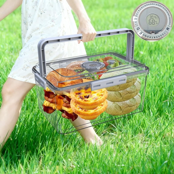 Bread Box With Digital Hygrometer Portable Boxes Lid And Handle Upgrade Time Recording Storage Container For Homemade Breads Toast Bagel Donut Cookies(grey)