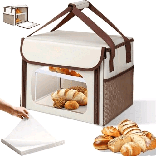 Bread Box Foldable - 22L Beeswax Lining Bread Storage Box with Front Window, Reusable Breadbox Bread Bag (Included Metal Rack), Ideal for Fresh Homemade Bread, Sourdough, Toast, Bagel