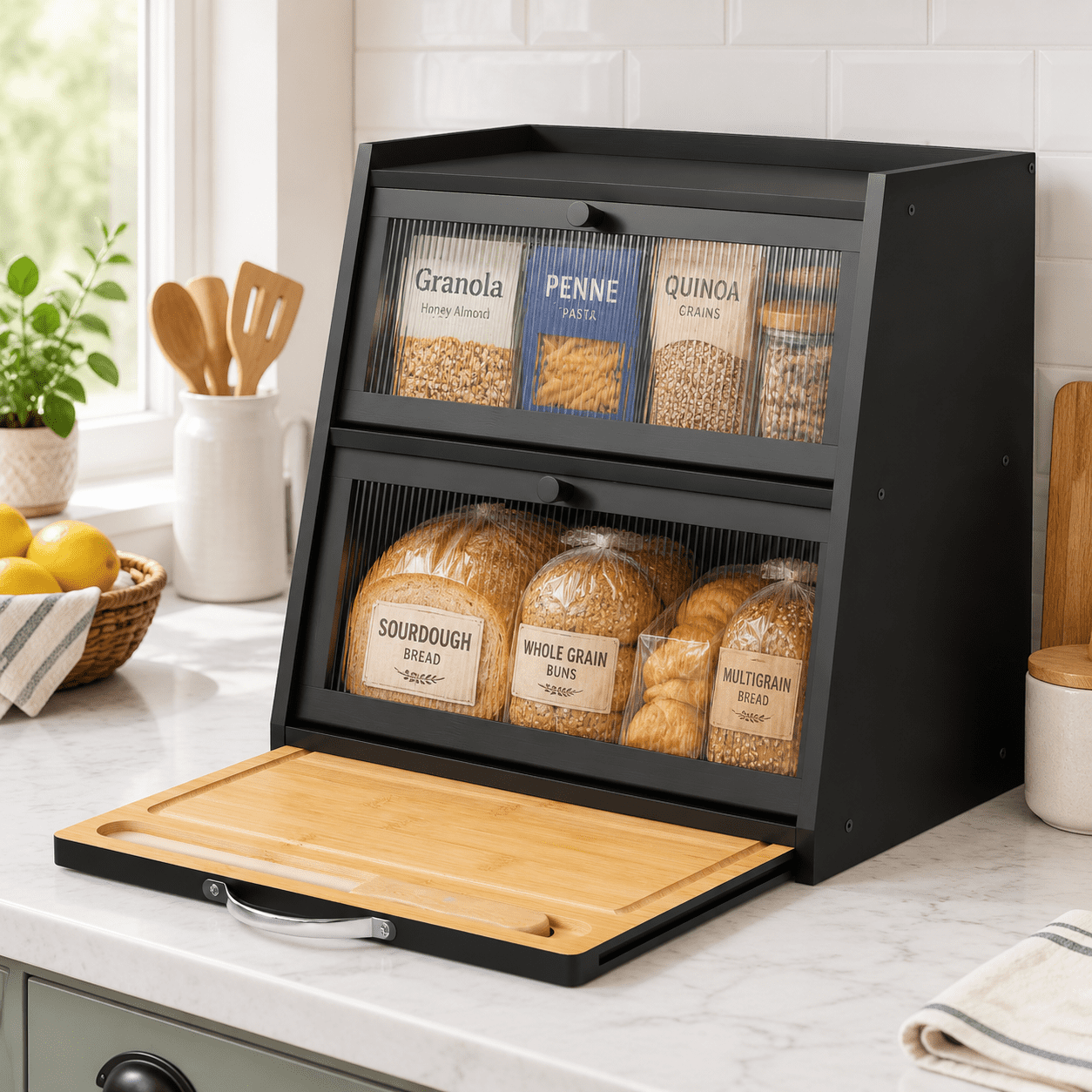Bread Box For Kitchen Counter Black Withd Wood Large Capacity Storbin ...