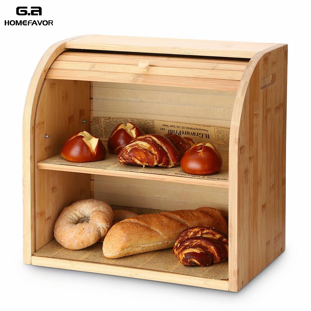 Bread Box, G.a HOMEFAVOR 2 Layer Bamboo Bread Boxes for Kitchen Food Storage, Large Bread Storage Box, with Roll-Top Cover and Cutting Board (Self-Assembly) - image 1 of 10