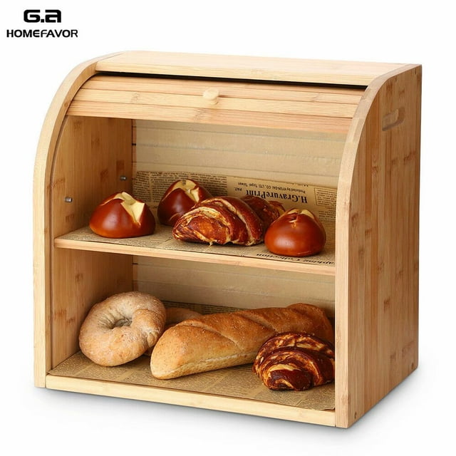 Bread Box, G.a HOMEFAVOR 2 Layer Bamboo Bread Boxes for Kitchen Food Storage, Large Bread Storage Box, with Roll-Top Cover and Cutting Board (Self-Assembly)