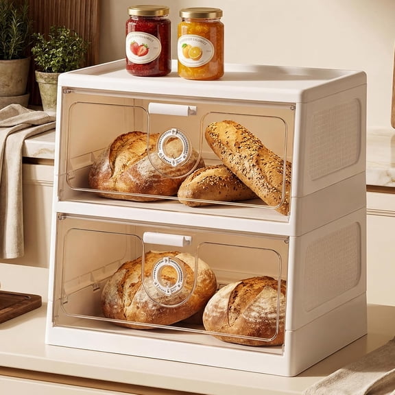 Bread Box for Kitchen Counter, 2-Tier Large Capacity with Clear Window, Adjustable Vent Dials, Bamboo Trays & Cutting Board, Metal/Wood Bread Storage Bin for Countertop (White)