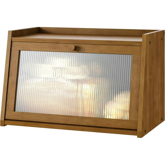 Bread Box for Kitchen Counter, Large Bamboo Bread Storage Container with Wavy Arcylic Transparent Door, Bamboo Wooden Farmhouse Bread Box for Your House (Brown)
