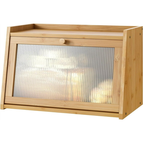 Bread Box for Kitchen Counter, Large Bamboo Bread Storage Container with Wavy Arcylic Door, Bamboo Wooden Farmhouse Bread Box for Your House (Natural, Medium)