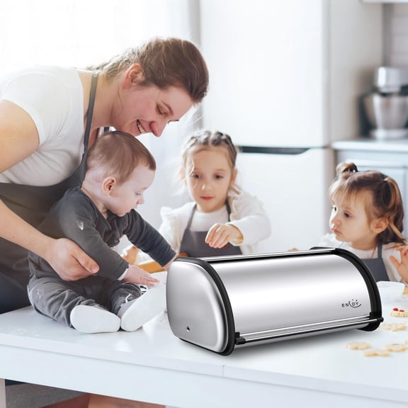 Bread Box for Kitchen Counter, Stainless Steel Roll Top Bread Bin, Sliver Bread Storage Holder with Lid, Large Capacity Bread Keeper, 17 x 11 x 7 Inches