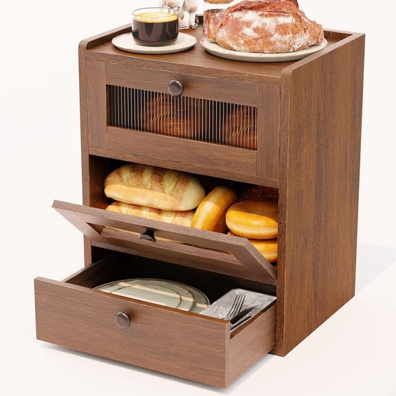 Bread Box for Kitchen Countertop, 3 Layer Farmhouse Countertop Bread Storage with Magnetic Closure Window Bread Storage Container Bin for Kitchen, Pantry (Brown)