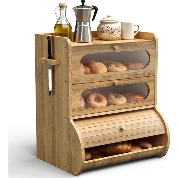 Bread Box for Kitchen Countertop, 3 Tier Large Capacity Breadbox, with Window, Cutting Board Rack and Knife Holder, Bamboo Bread Container, Under Cabinet Organizer